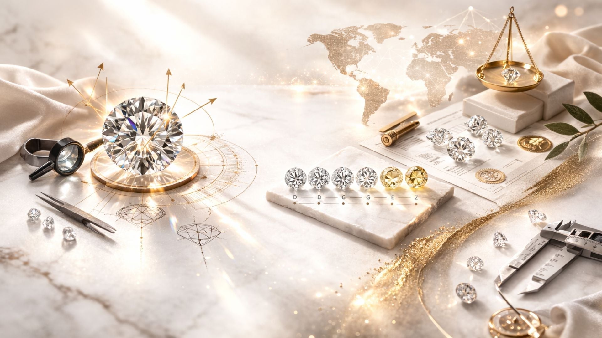 4Cs of diamonds visual concept showing cut brilliance, color grading stones, carat size comparison, and professional diamond evaluation tools.