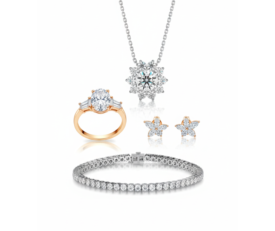 Frontier Sparkle collection featuring diamond ring, pendant, stud earrings, and tennis bracelet