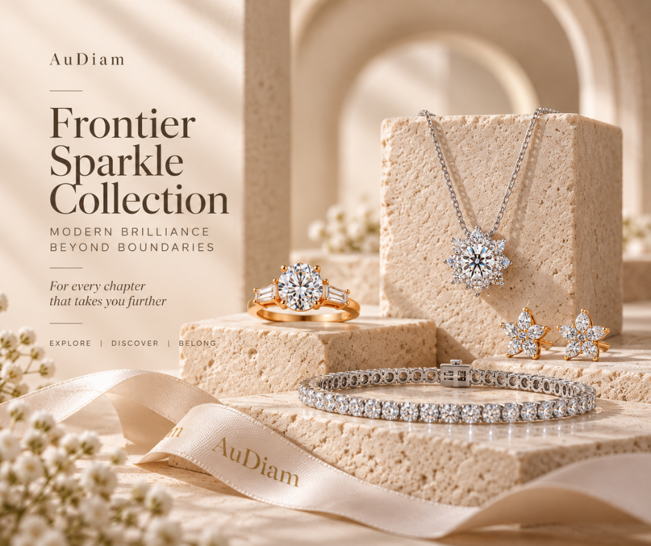 Frontier Sparkle collection featuring diamond ring, pendant, stud earrings, and tennis bracelet