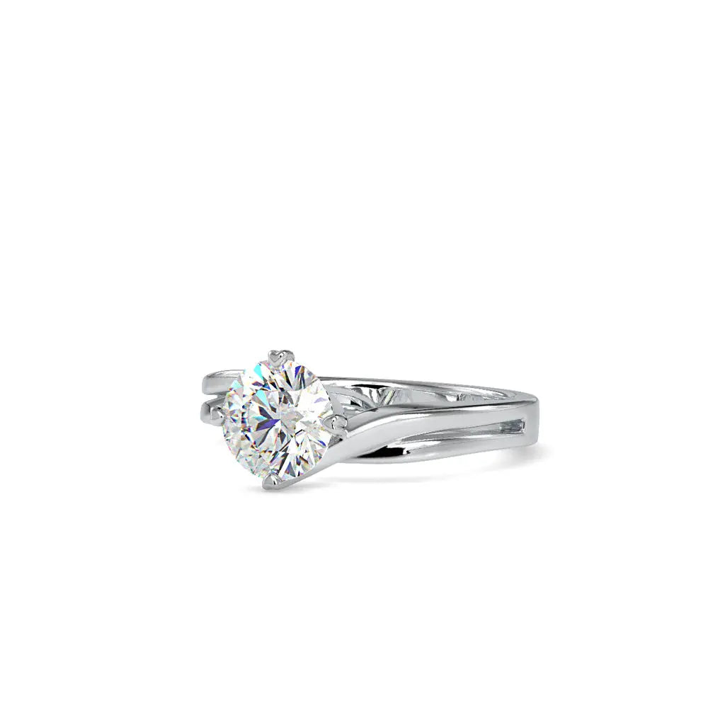 round solitaire diamond ring in 18k gold with dual hold setting angled view