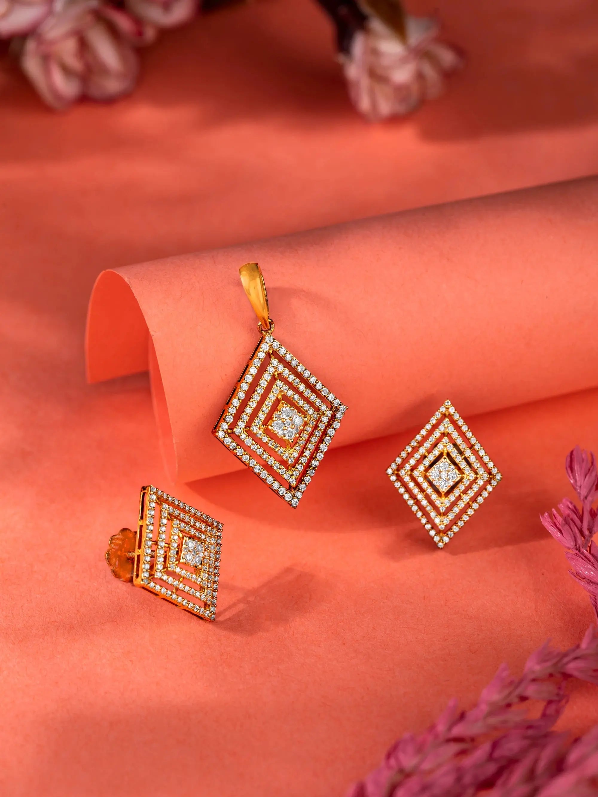 Geometric Diamond Shape Pendant Set with Intricate Diamond Studding Audiam