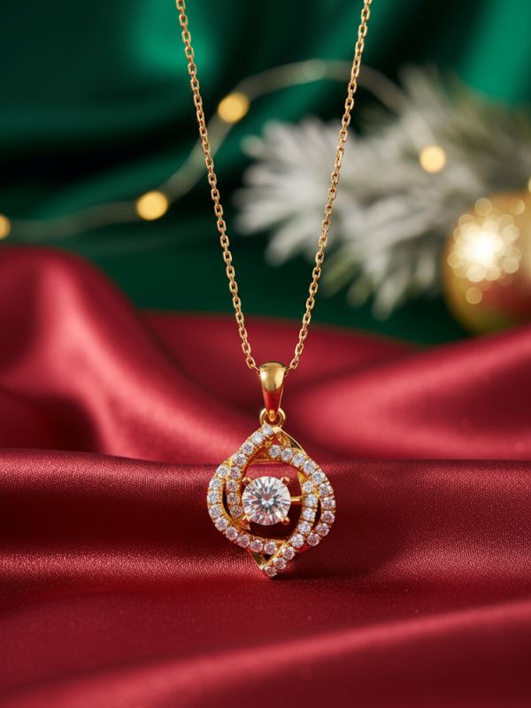 AuDiam Accessible Luxury 2 diamond pendant – Christmas gift for her on a red fabric background