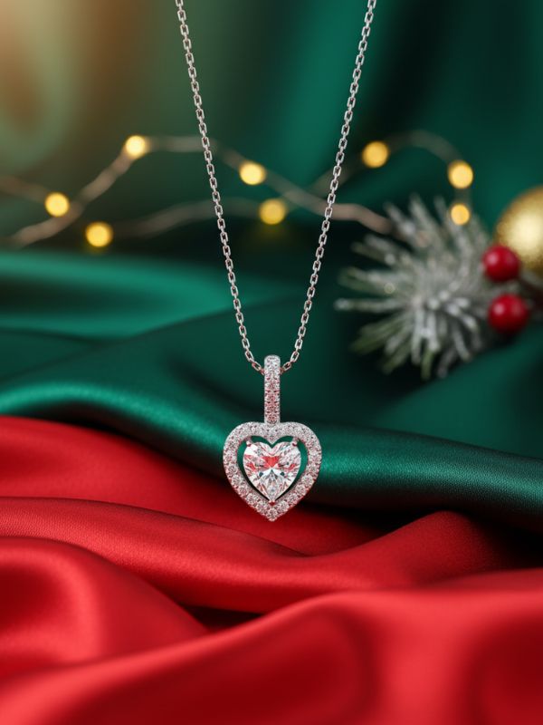 AuDiam Love and Romance diamond pendant – Christmas gift for her on a green and red fabric background with Christmas decorations.