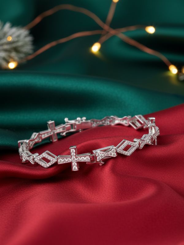 AuDiam designer diamond tennis bracelet – Christmas gift for her on a red fabric background with green and gold decorative elements.