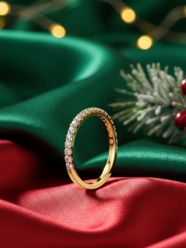 AuDiam semi-eternity diamond wedding band 18K gold – Christmas gift for her on a red fabric background with green satin and Christmas tree branches.