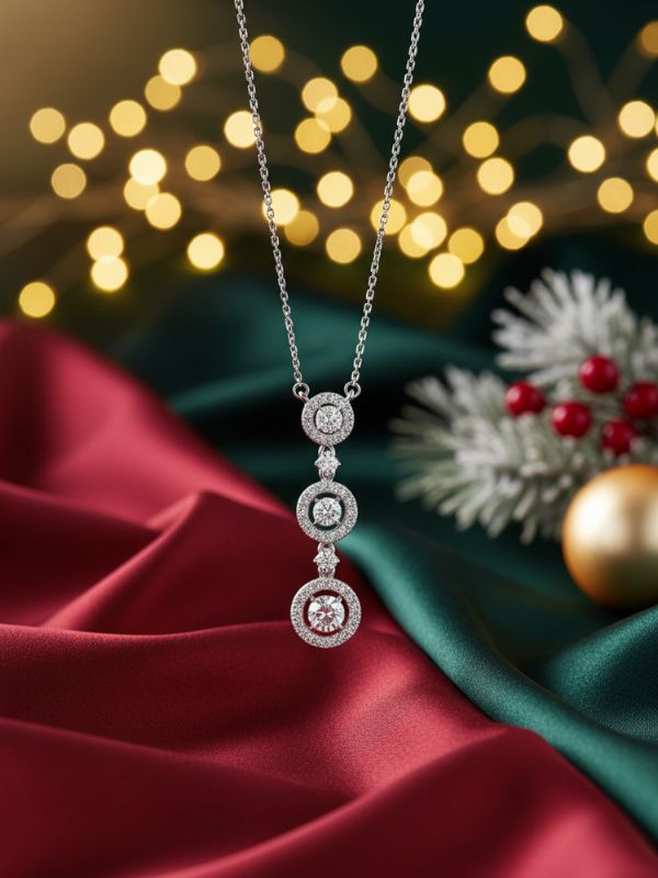AuDiam Halo Connectors diamond pendant – Christmas gift for her on a red fabric with festive lights and decorations in the background