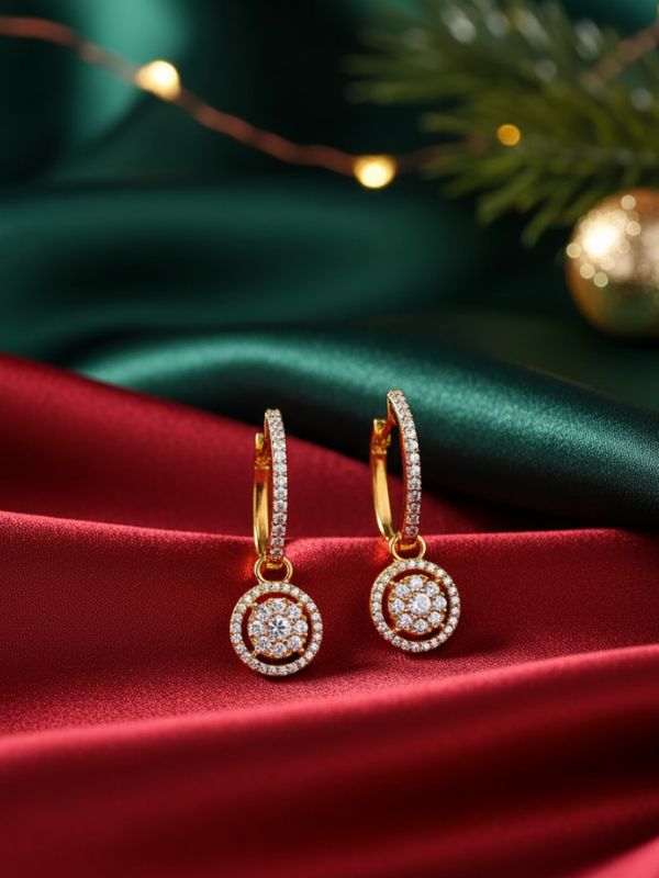 AuDiam hanging flora diamond hoops – Christmas gift for her accents on a red fabric background