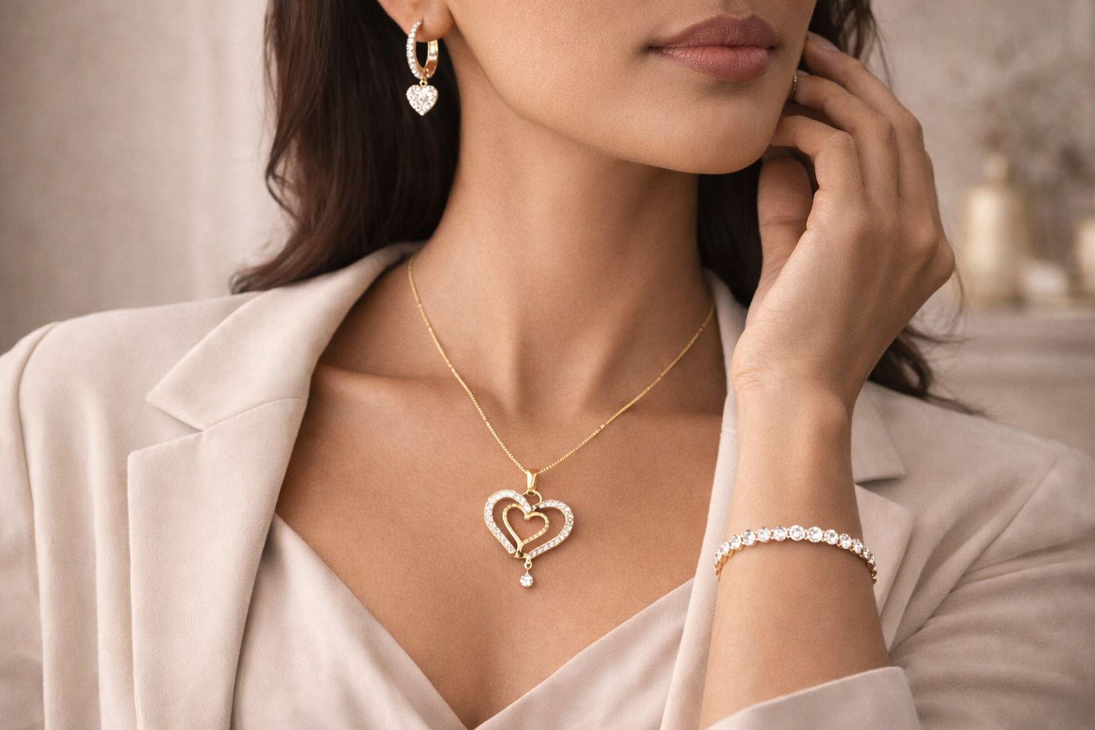 Woman wearing AuDiam's gold heart-shaped necklace and earrings with a blurred background