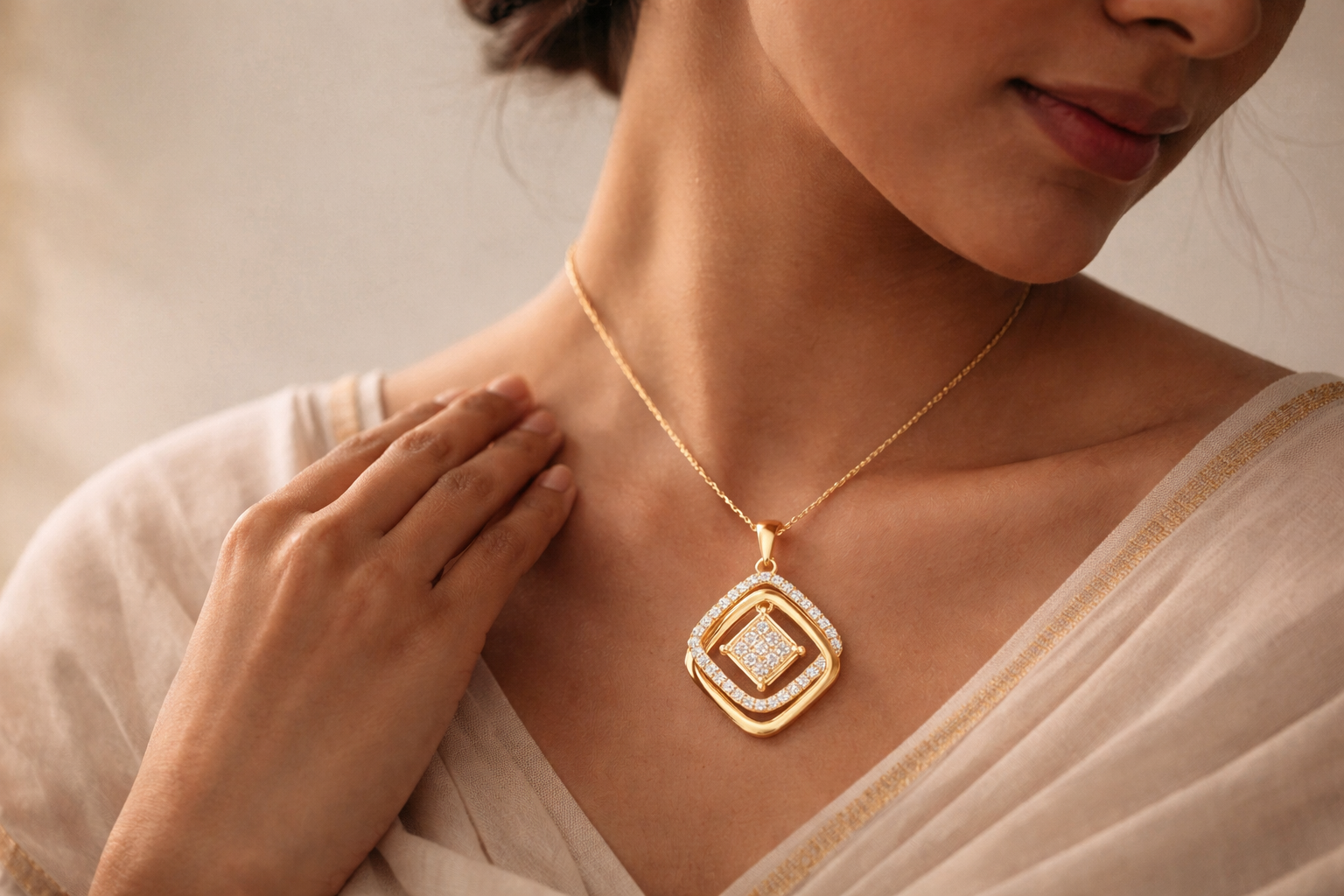 Woman wearing AuDiam gold necklace with a diamond pendant against a neutral background