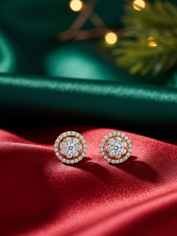 AuDiam 3-Way Floral Illusion diamond earrings – Christmas gift for her on a red fabric with a festive background