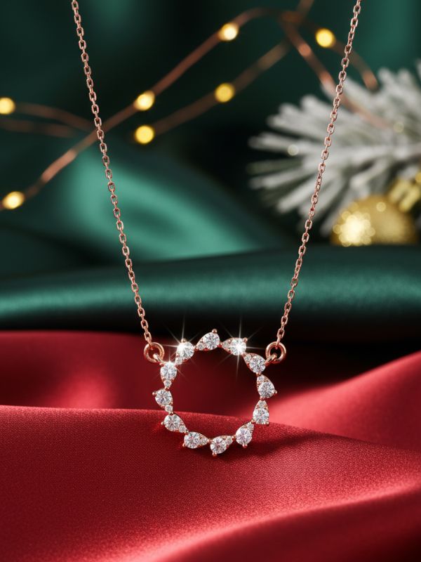 AuDiam Accessible Luxury 8 diamond pendant – Christmas gift for her on a red fabric background