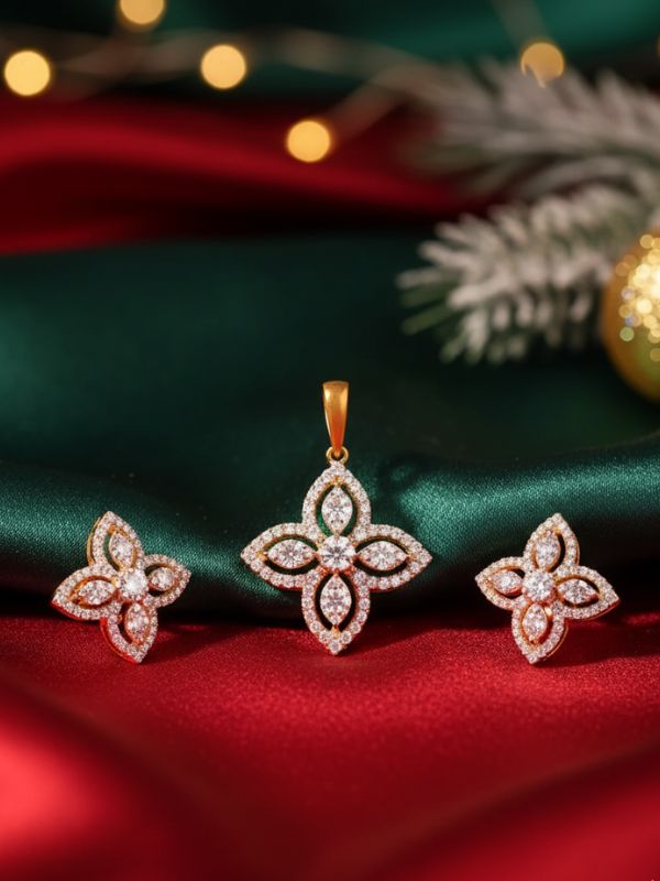 AuDiam Floral Radiance pendant & earrings set – Christmas gift for her on a red and green fabric decorative background