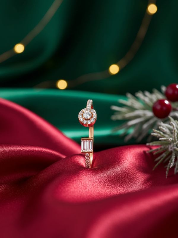 AuDiam minimalist Gen Z diamond ring 3 – Christmas gift for her red fabric with Christmas decorations in the background