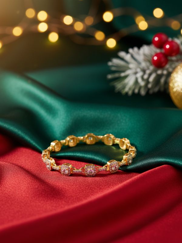 AuDiam lock diamond tennis bracelet 18K gold – Christmas gift for her on green and red fabric with festive decorations