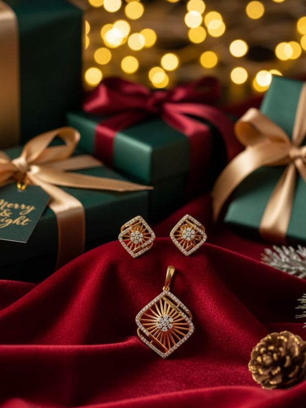 AuDiam Diamond Frame Pendant with web-like structure – Christmas gift for her on a red fabric with Christmas presents and lights in the background