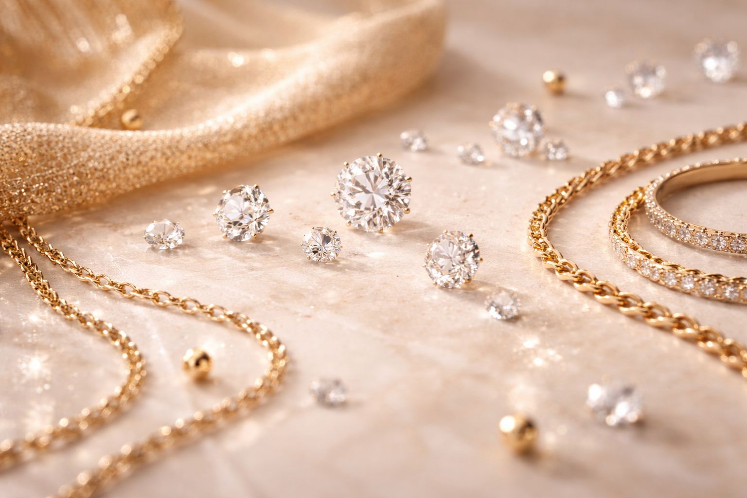 AuDiam's Gold jewelry including earrings, necklaces, and bracelets on a soft beige background